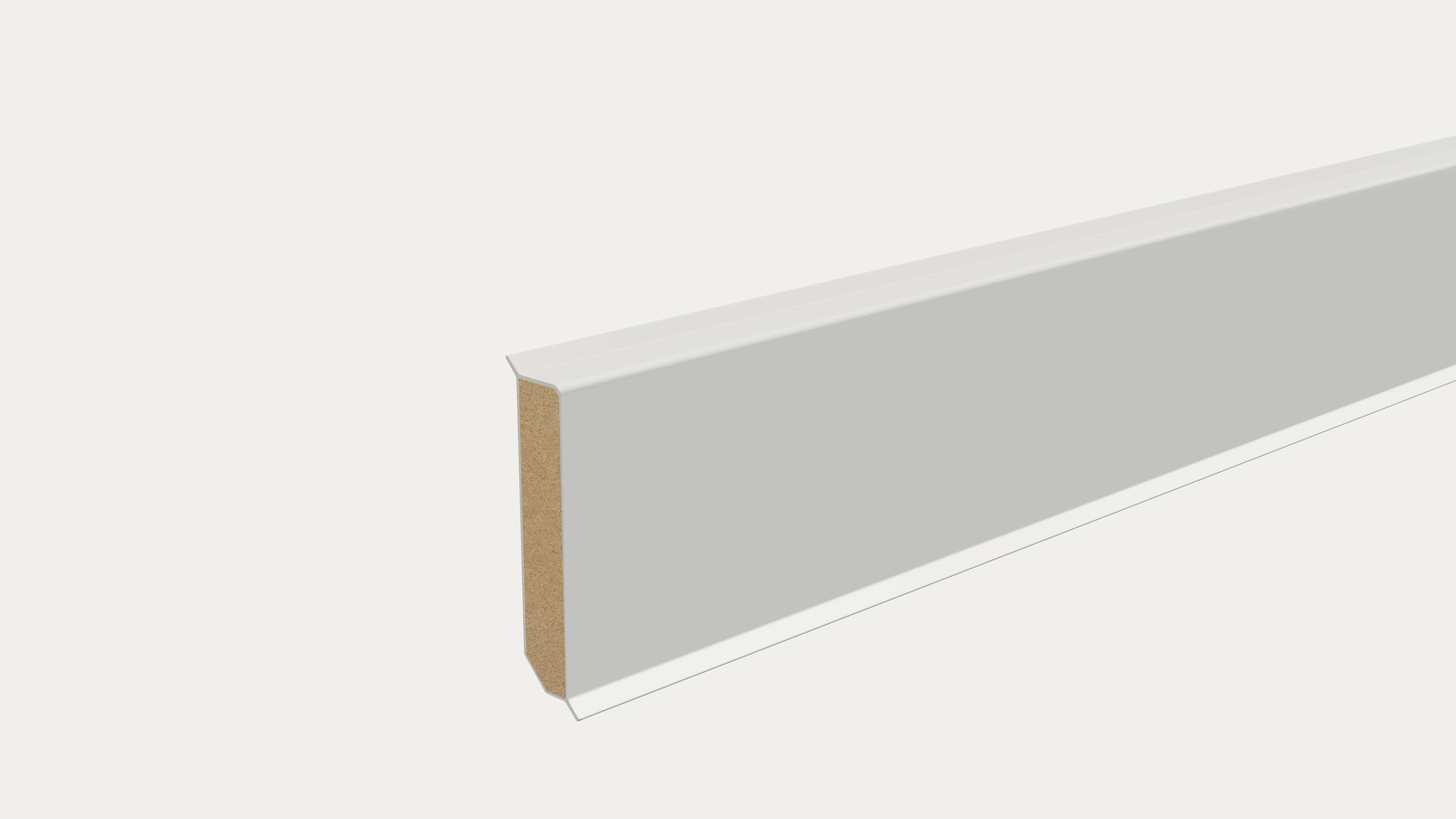 Kunststoffleiste mit MDF Kern 60/13 mm, mit Dichtlippe zur Wand und Boden, RAL 9016 