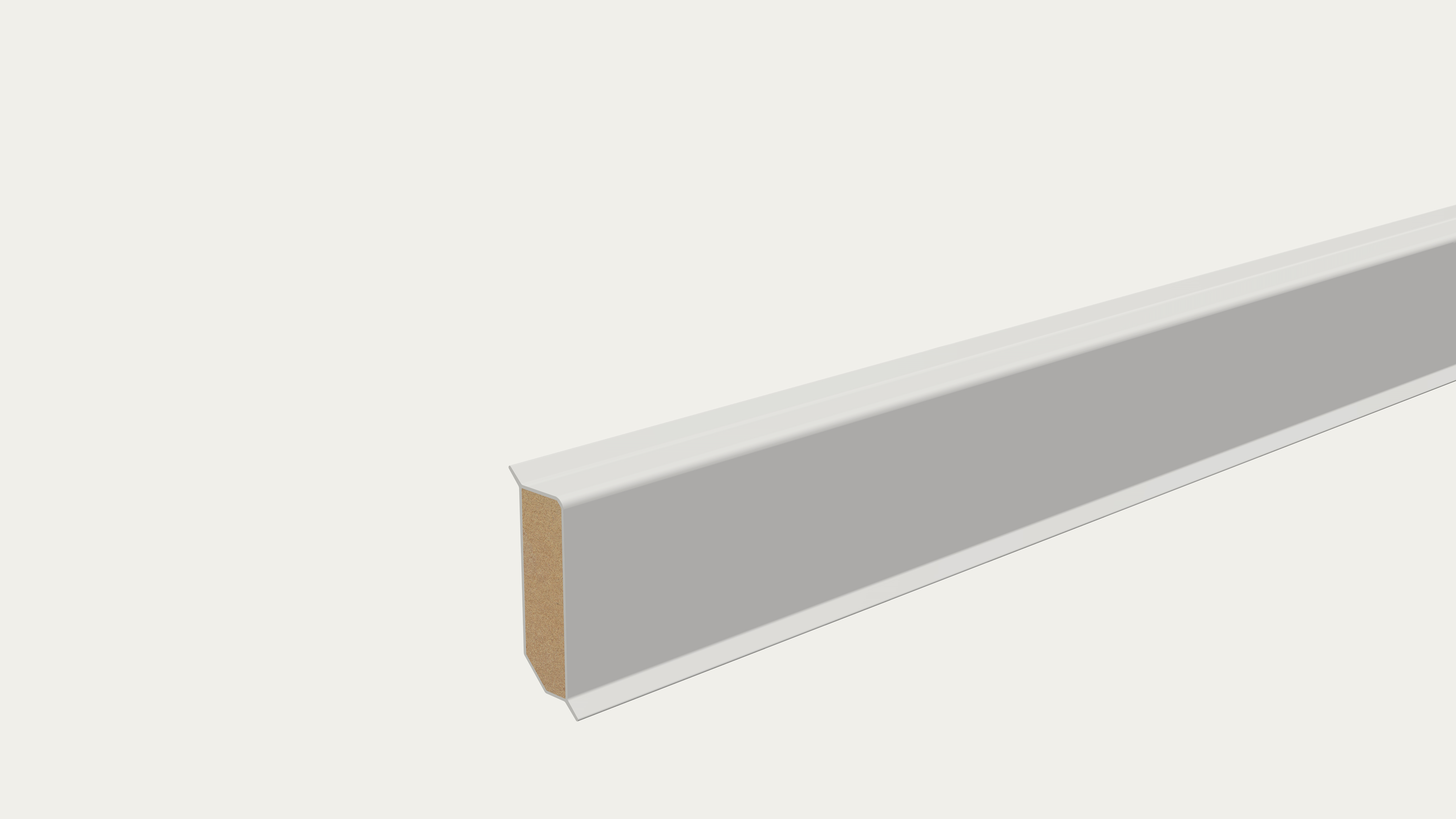 Kunststoffleiste mit MDF Kern 40/13 mm, mit Dichtlippe zur Wand und Boden, RAL 9016