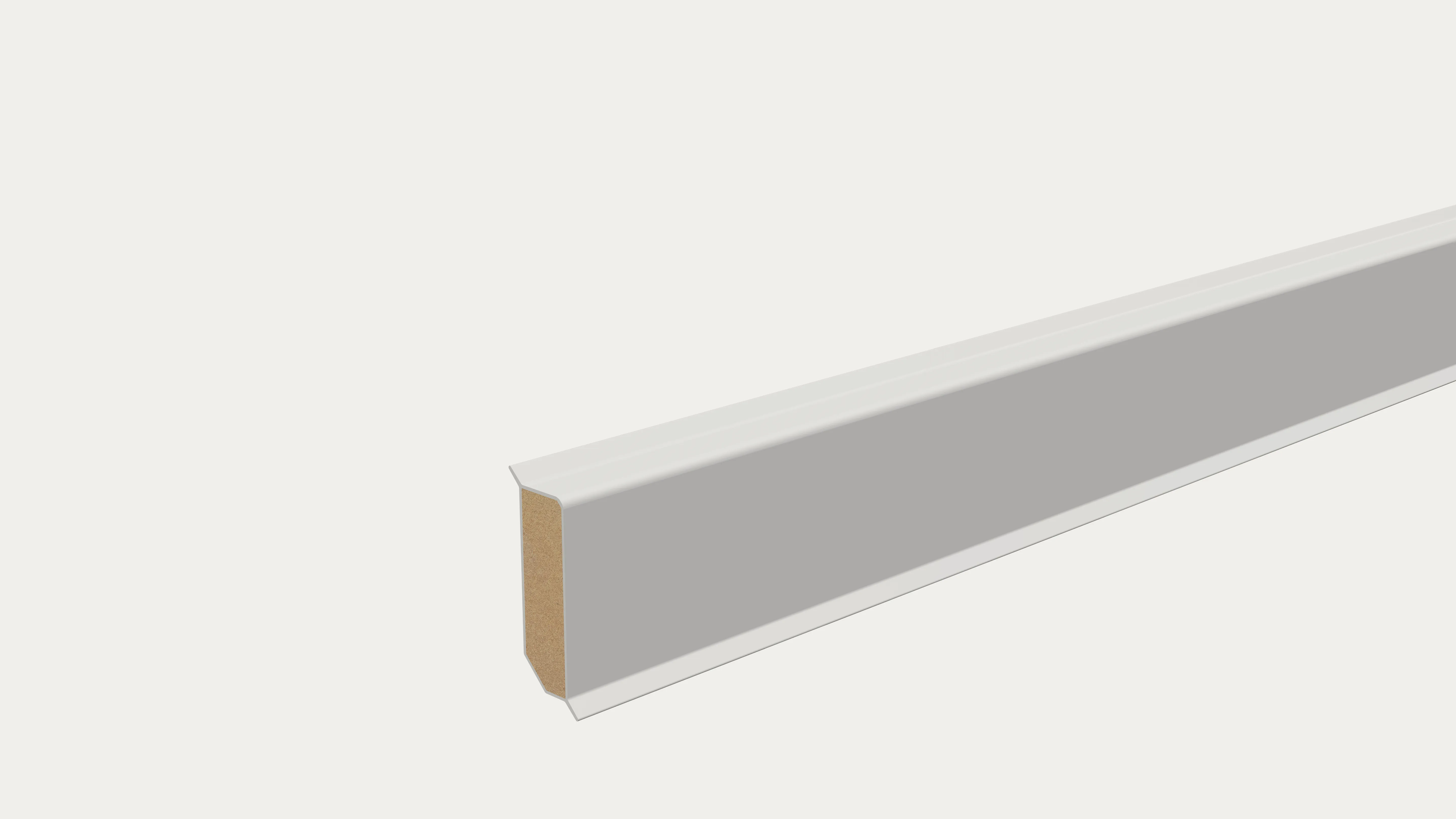 Kunststoffleiste mit MDF Kern 40/13 mm, mit Dichtlippe zur Wand und Boden, RAL 9016